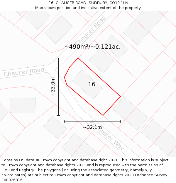 16, CHAUCER ROAD, SUDBURY, CO10 1LN: Plot and title map