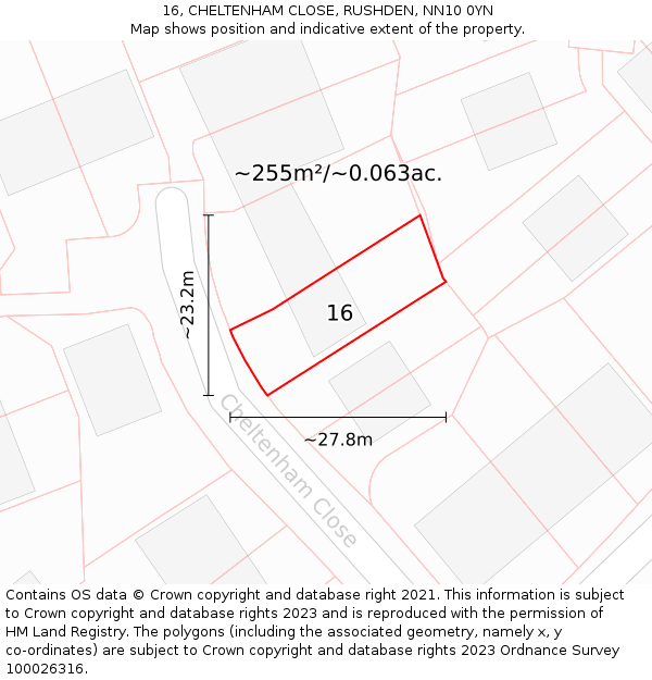 16, CHELTENHAM CLOSE, RUSHDEN, NN10 0YN: Plot and title map