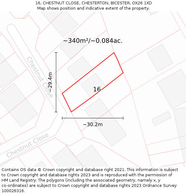 16, CHESTNUT CLOSE, CHESTERTON, BICESTER, OX26 1XD: Plot and title map