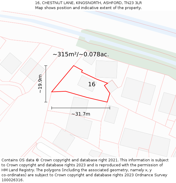 16, CHESTNUT LANE, KINGSNORTH, ASHFORD, TN23 3LR: Plot and title map