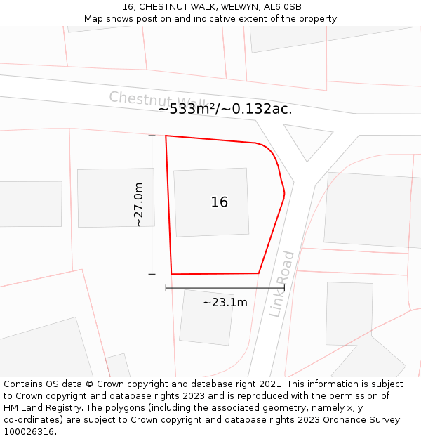 16, CHESTNUT WALK, WELWYN, AL6 0SB: Plot and title map