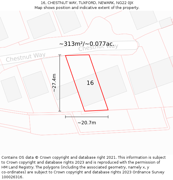 16, CHESTNUT WAY, TUXFORD, NEWARK, NG22 0JX: Plot and title map