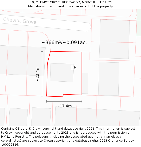 16, CHEVIOT GROVE, PEGSWOOD, MORPETH, NE61 6YJ: Plot and title map