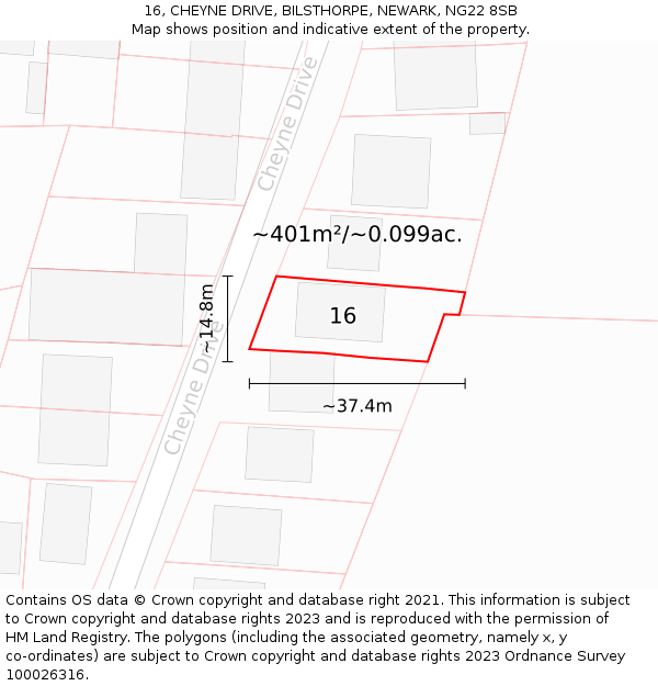 16, CHEYNE DRIVE, BILSTHORPE, NEWARK, NG22 8SB: Plot and title map