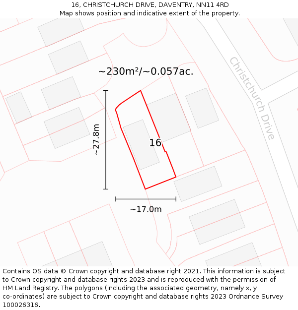 16, CHRISTCHURCH DRIVE, DAVENTRY, NN11 4RD: Plot and title map