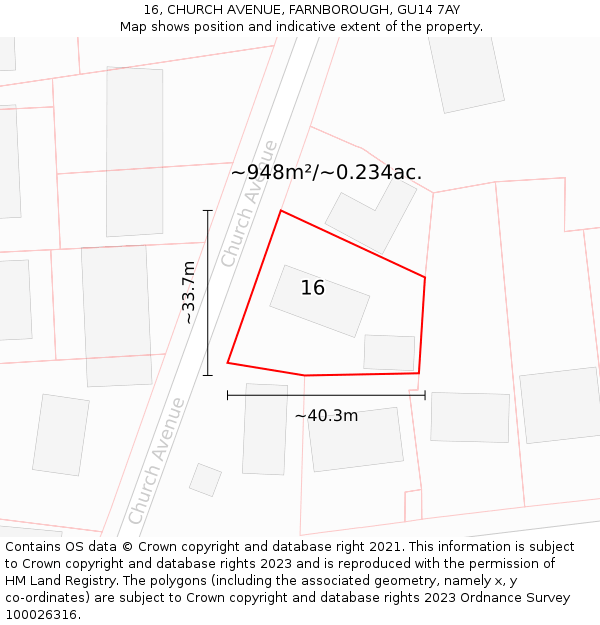 16, CHURCH AVENUE, FARNBOROUGH, GU14 7AY: Plot and title map