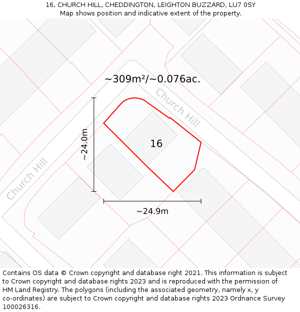 16, CHURCH HILL, CHEDDINGTON, LEIGHTON BUZZARD, LU7 0SY: Plot and title map