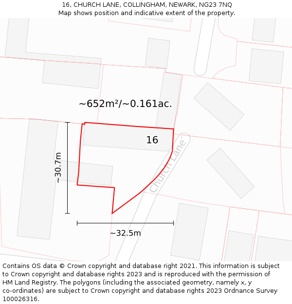 16, CHURCH LANE, COLLINGHAM, NEWARK, NG23 7NQ: Plot and title map