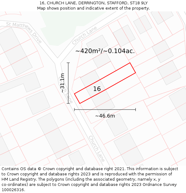 16, CHURCH LANE, DERRINGTON, STAFFORD, ST18 9LY: Plot and title map