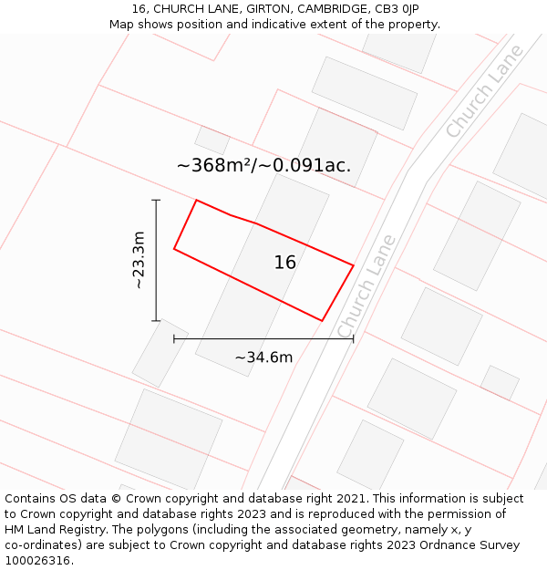 16, CHURCH LANE, GIRTON, CAMBRIDGE, CB3 0JP: Plot and title map