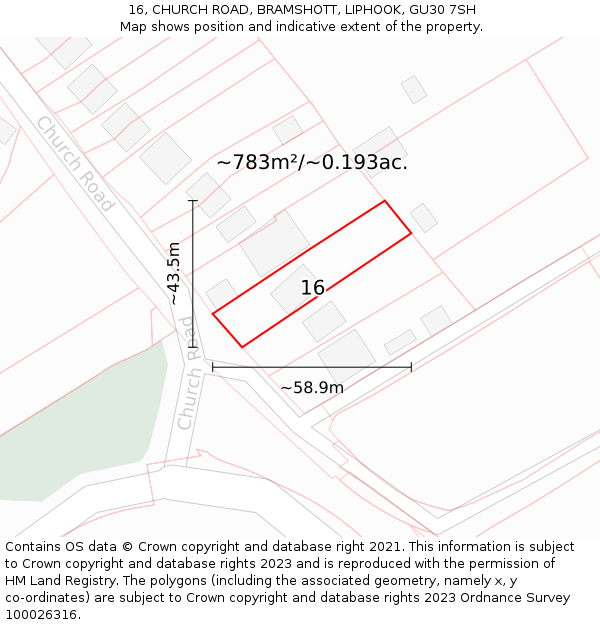 16, CHURCH ROAD, BRAMSHOTT, LIPHOOK, GU30 7SH: Plot and title map