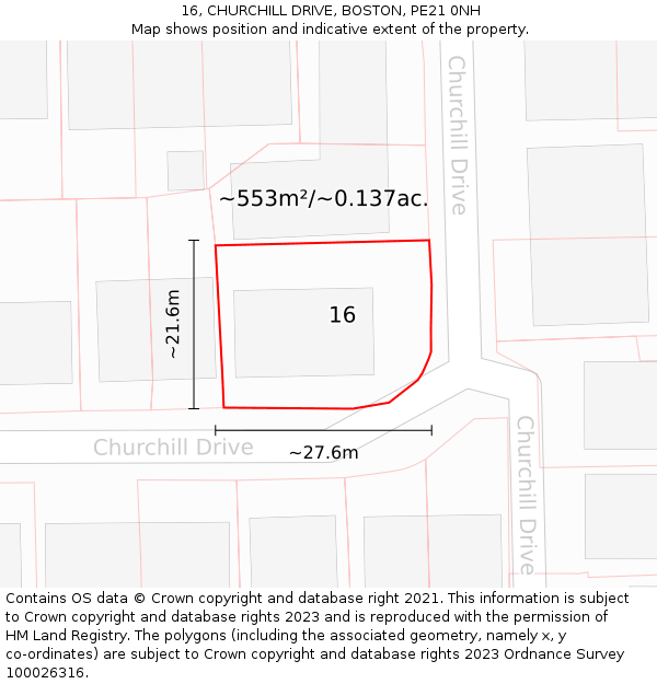 16, CHURCHILL DRIVE, BOSTON, PE21 0NH: Plot and title map