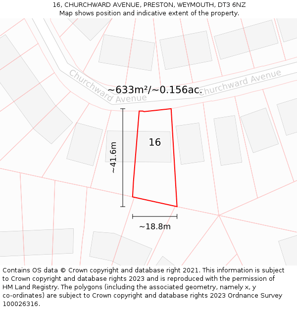 16, CHURCHWARD AVENUE, PRESTON, WEYMOUTH, DT3 6NZ: Plot and title map