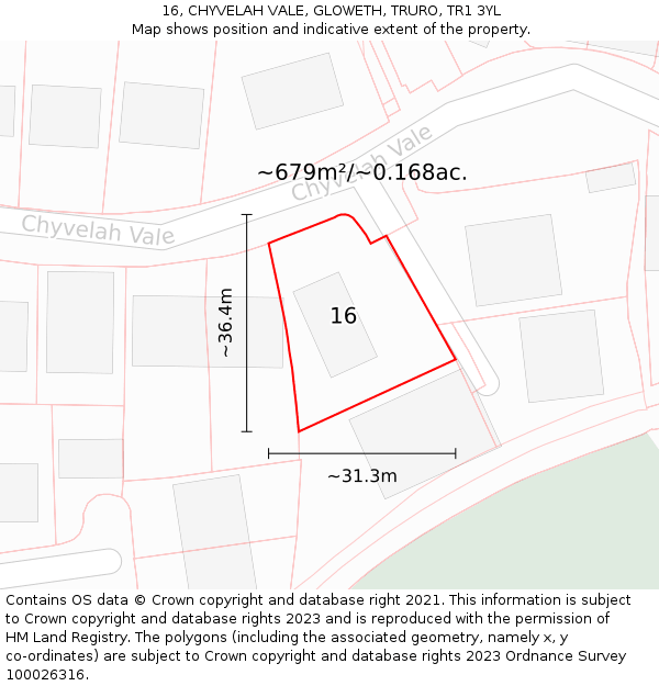 16, CHYVELAH VALE, GLOWETH, TRURO, TR1 3YL: Plot and title map