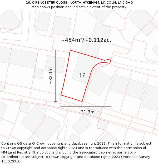 16, CIRENCESTER CLOSE, NORTH HYKEHAM, LINCOLN, LN6 9HQ: Plot and title map