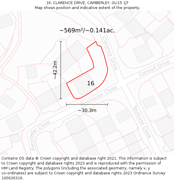 16, CLARENCE DRIVE, CAMBERLEY, GU15 1JT: Plot and title map