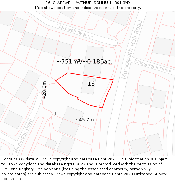 16, CLAREWELL AVENUE, SOLIHULL, B91 3YD: Plot and title map