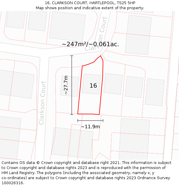 16, CLARKSON COURT, HARTLEPOOL, TS25 5HP: Plot and title map