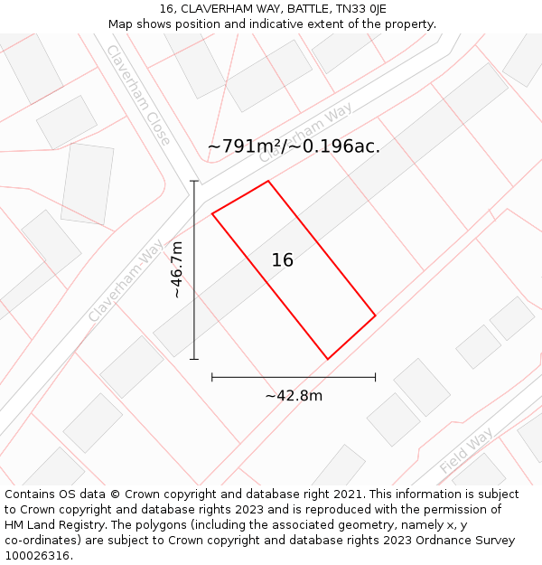 16, CLAVERHAM WAY, BATTLE, TN33 0JE: Plot and title map