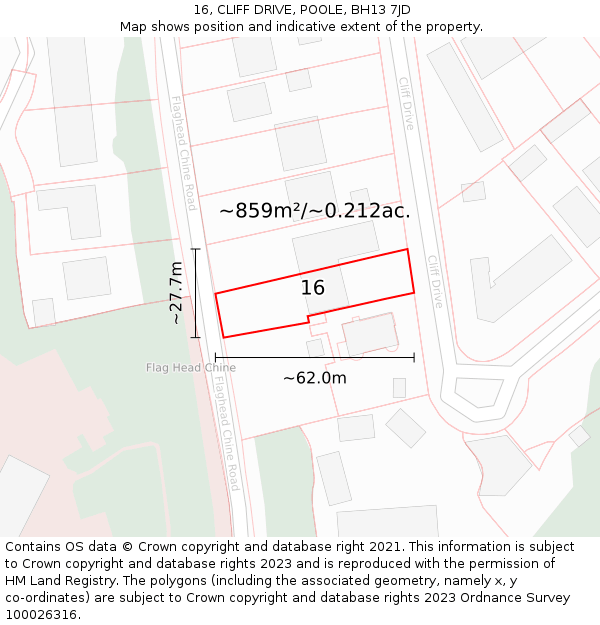 16, CLIFF DRIVE, POOLE, BH13 7JD: Plot and title map