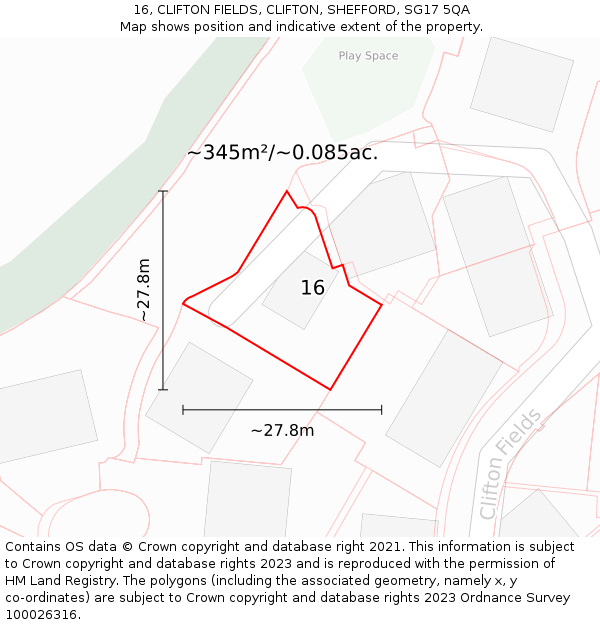 16, CLIFTON FIELDS, CLIFTON, SHEFFORD, SG17 5QA: Plot and title map