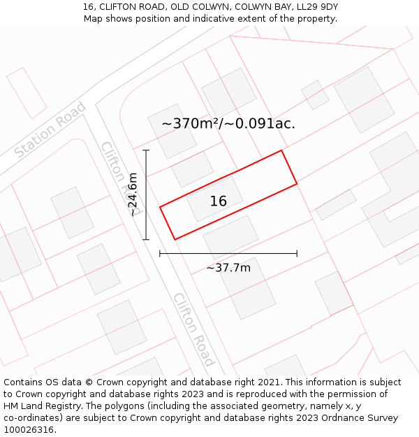 16, CLIFTON ROAD, OLD COLWYN, COLWYN BAY, LL29 9DY: Plot and title map