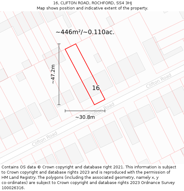 16, CLIFTON ROAD, ROCHFORD, SS4 3HJ: Plot and title map