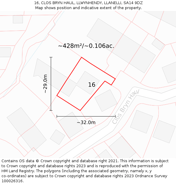 16, CLOS BRYN HAUL, LLWYNHENDY, LLANELLI, SA14 9DZ: Plot and title map