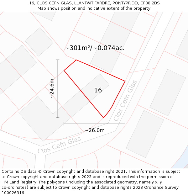 16, CLOS CEFN GLAS, LLANTWIT FARDRE, PONTYPRIDD, CF38 2BS: Plot and title map