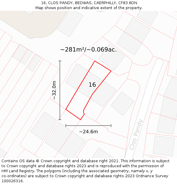 16, CLOS PANDY, BEDWAS, CAERPHILLY, CF83 8DN: Plot and title map