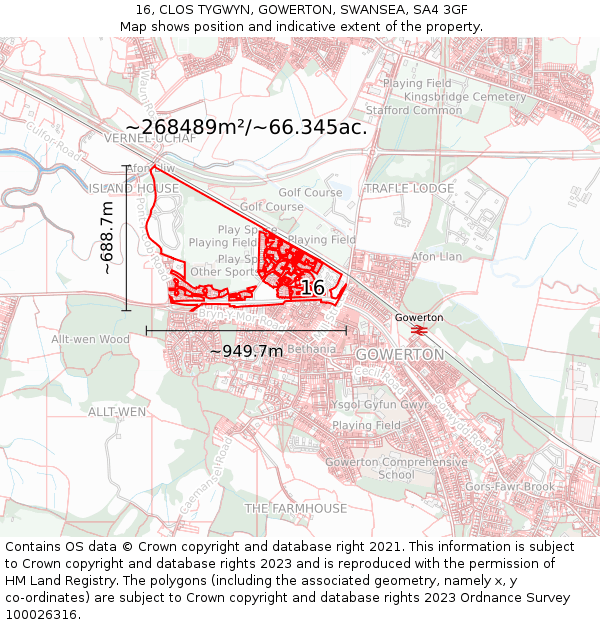 16, CLOS TYGWYN, GOWERTON, SWANSEA, SA4 3GF: Plot and title map