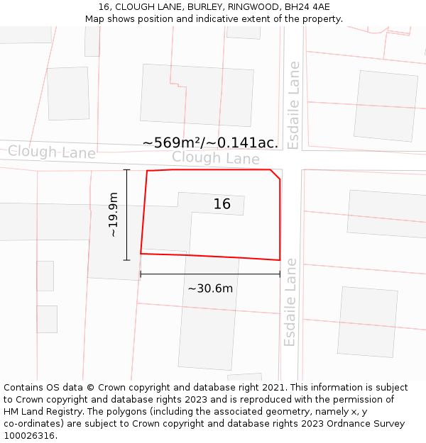 16, CLOUGH LANE, BURLEY, RINGWOOD, BH24 4AE: Plot and title map