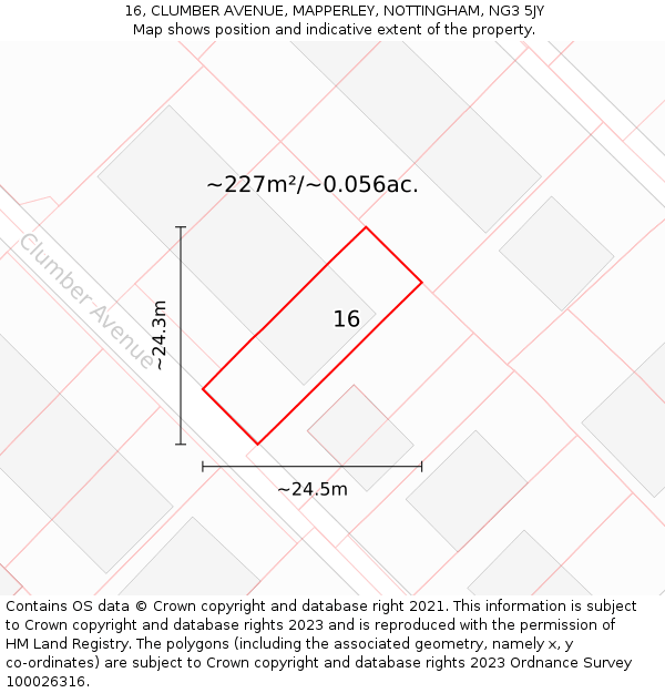 16, CLUMBER AVENUE, MAPPERLEY, NOTTINGHAM, NG3 5JY: Plot and title map