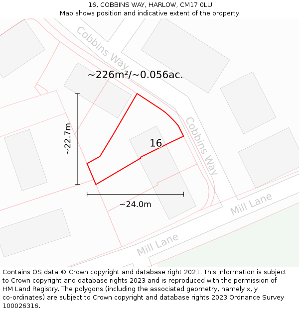 16, COBBINS WAY, HARLOW, CM17 0LU: Plot and title map