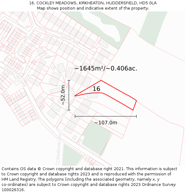 16, COCKLEY MEADOWS, KIRKHEATON, HUDDERSFIELD, HD5 0LA: Plot and title map