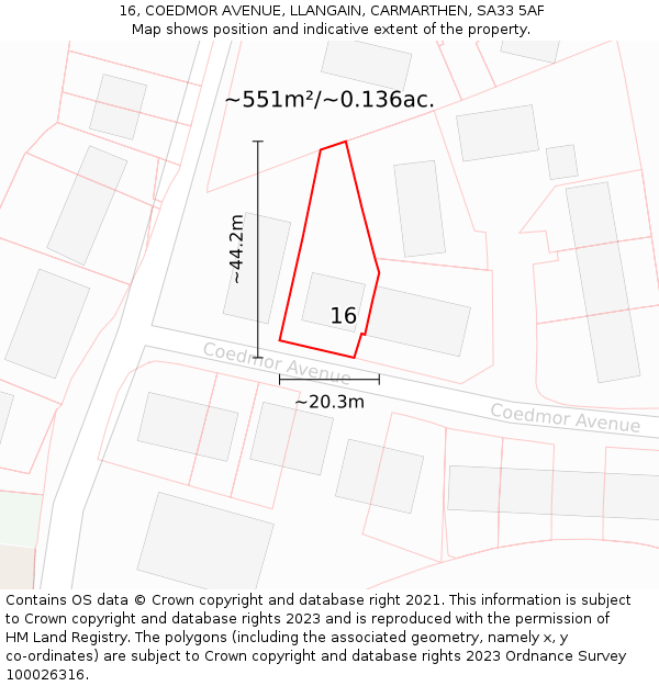 16, COEDMOR AVENUE, LLANGAIN, CARMARTHEN, SA33 5AF: Plot and title map