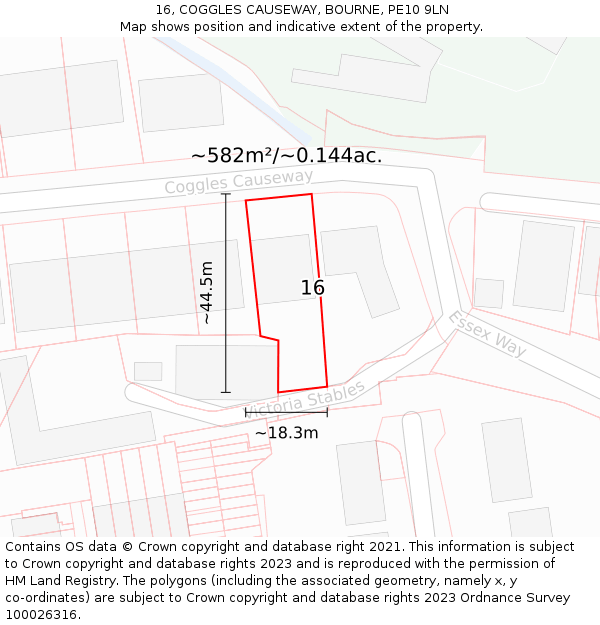 16, COGGLES CAUSEWAY, BOURNE, PE10 9LN: Plot and title map