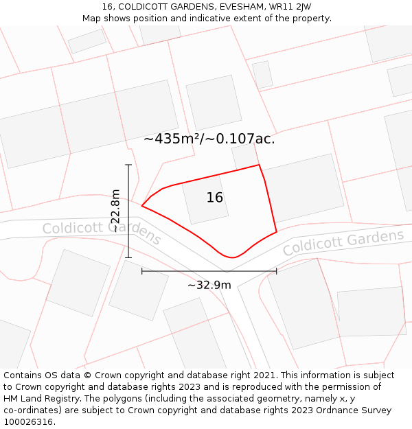 16, COLDICOTT GARDENS, EVESHAM, WR11 2JW: Plot and title map