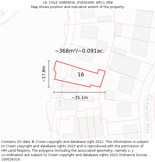 16, COLE GARDENS, EVESHAM, WR11 2RW: Plot and title map