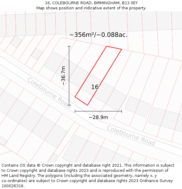 16, COLEBOURNE ROAD, BIRMINGHAM, B13 0EY: Plot and title map