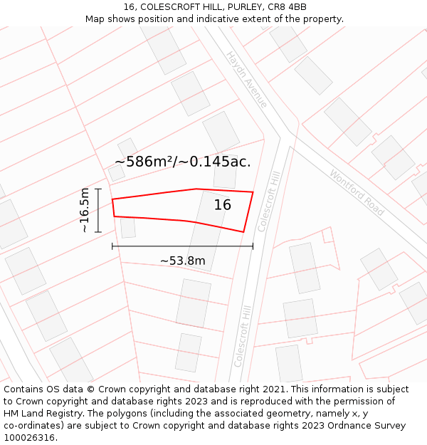 16, COLESCROFT HILL, PURLEY, CR8 4BB: Plot and title map