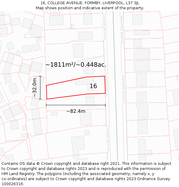 16, COLLEGE AVENUE, FORMBY, LIVERPOOL, L37 3JL: Plot and title map