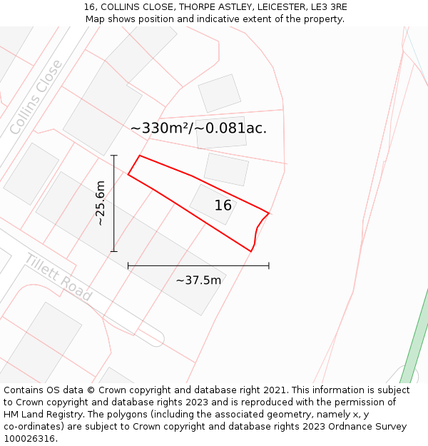 16, COLLINS CLOSE, THORPE ASTLEY, LEICESTER, LE3 3RE: Plot and title map