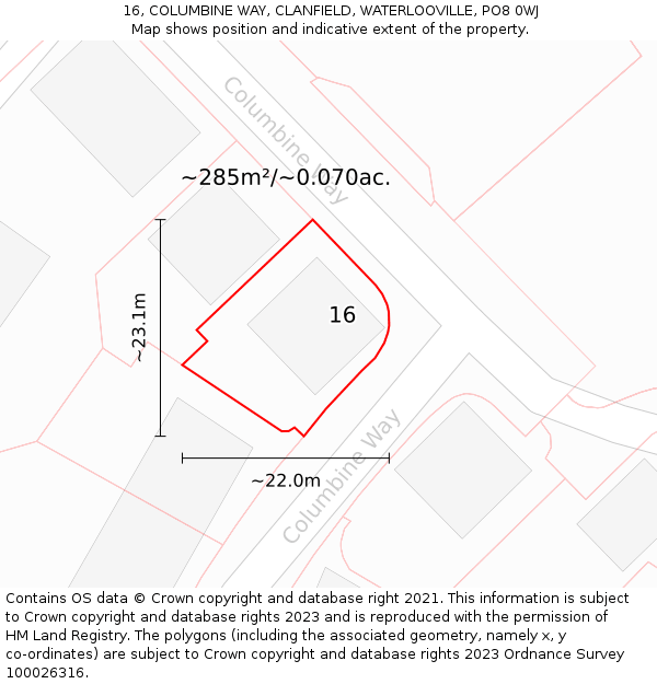 16, COLUMBINE WAY, CLANFIELD, WATERLOOVILLE, PO8 0WJ: Plot and title map