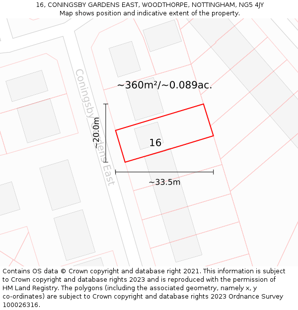 16, CONINGSBY GARDENS EAST, WOODTHORPE, NOTTINGHAM, NG5 4JY: Plot and title map