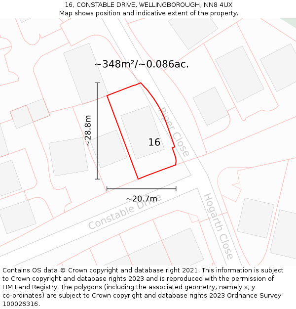 16, CONSTABLE DRIVE, WELLINGBOROUGH, NN8 4UX: Plot and title map