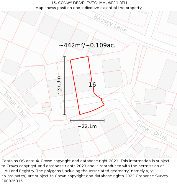 16, CONWY DRIVE, EVESHAM, WR11 3FH: Plot and title map