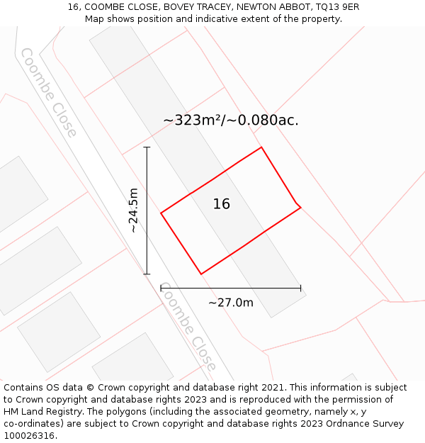 16, COOMBE CLOSE, BOVEY TRACEY, NEWTON ABBOT, TQ13 9ER: Plot and title map