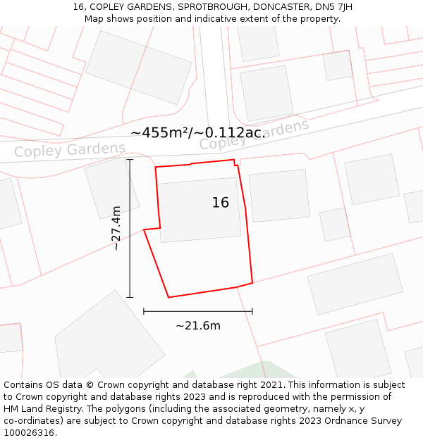 16, COPLEY GARDENS, SPROTBROUGH, DONCASTER, DN5 7JH: Plot and title map