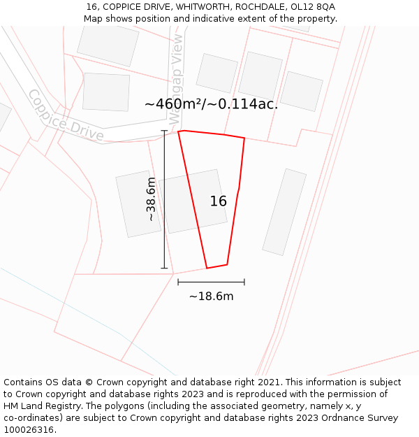 16, COPPICE DRIVE, WHITWORTH, ROCHDALE, OL12 8QA: Plot and title map